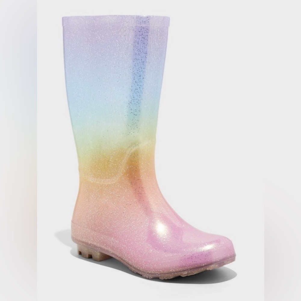 Cat & Jack Cece RainBoots Kids Pastel Rainbow Glitter Pull-On Boots Size 2 NEW
